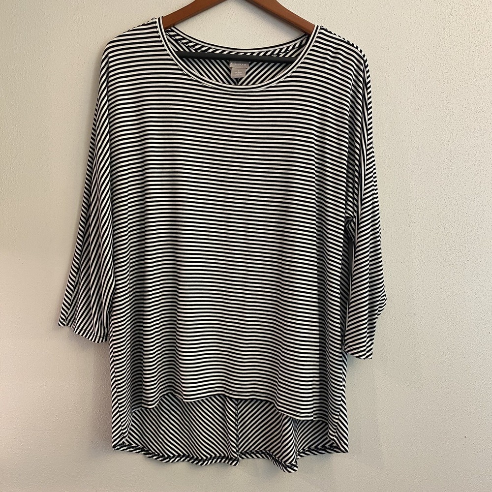 Chico's Striped Top Womens Chico Size 2 Longline 3/4 Sleeve WHITE Black - Picture 8 of 11